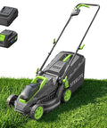Cordless 13 Inch Electric Lawn Mower For Small Yards, Ultra Lightweight 20.5 Lb, Easy To Maneuver, Compact 13 Inch Deck, 21V 4.0Ah Battery, Up To 25 Minutes Run Time, Ideal For Slopes And Tight Spaces. Cordless mower with battery pack on grass