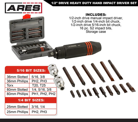 Three Eighths Inch Drive Manual Reversible Impact Driver Kit with flathead and Phillips bits and case for loosening bolts.