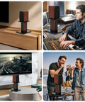 Collage of 12 Inch Tall Wood Speaker Stands in various home theater and hi-fi setups showing stable MDF design and natural wood finish.