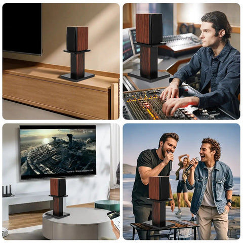 Collage of 12 Inch Tall Wood Speaker Stands in various home theater and hi-fi setups showing stable MDF design and natural wood finish.