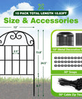 Tall Decorative Metal Garden Fence Panels 24.5 Inch High 10.8 Foot Long 10 Pack Arched Black Fence For Dog Yard Patio Outdoor Decor Expandable Flexible Barrier shown with size and accessories