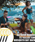 4 Pack Electric Fly Zapper Racket Handheld Bug Swatter For Indoor Outdoor Use shown at a picnic with friends holding drinks
