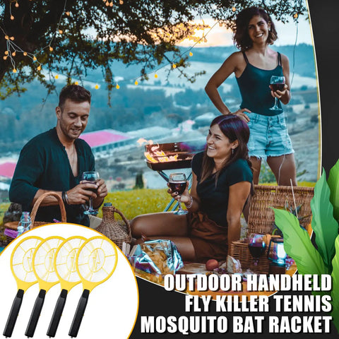 4 Pack Electric Fly Zapper Racket Handheld Bug Swatter For Indoor Outdoor Use shown at a picnic with friends holding drinks