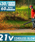 Person using Cordless Leaf Blower 630 CFM 160 MPH 21V With Dual 4Ah Batteries And Charger Included Battery Powered Yard Care Tool