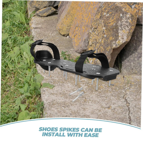 Metal Lawn Aerator Shoes Spikes 20 Pack Set on rock surface, showcasing durable footwear spikes for loosening compacted soil.