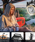 Rechargeable Camping Fan With 20000mAh Battery, LED Lantern, And Portable Power illuminating a woman in a car during sunset