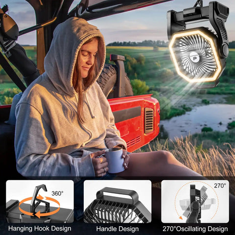 Rechargeable Camping Fan With 20000mAh Battery, LED Lantern, And Portable Power illuminating a woman in a car during sunset