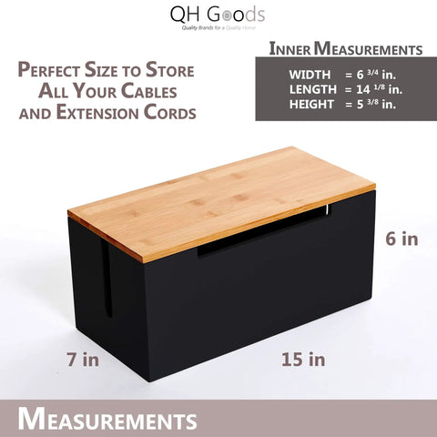 Large Bamboo Wood Cable Management Box Organizer to Hide Away All Your Messy Cords and Power Strips Under Desk, sleek black.