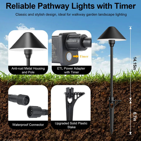 Diagram of Low Voltage Pathway Lights With Timer Set Of 4 showing features like metal housing, timer, connectors, and stake.