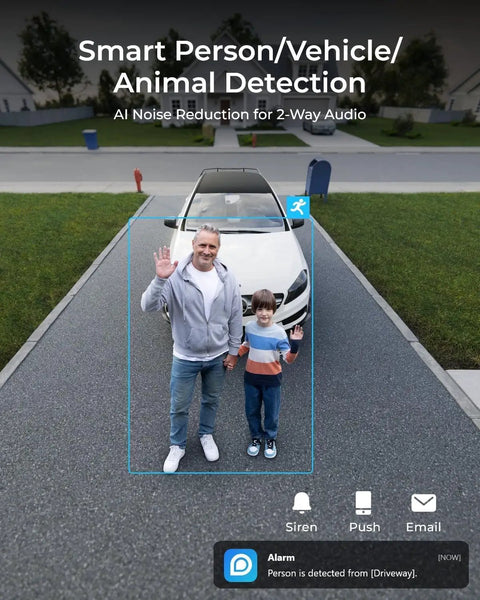 Dual-Lens 16MP UHD PoE Security Camera With 180-Degree Panoramic View capturing person and child on driveway with detection alerts