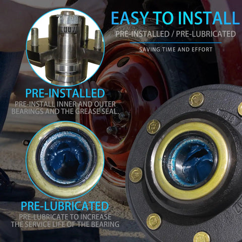 Trailer Hub Kit 8 Bolt 6.5 Inch for 7000 lb Trailer Axle, showing pre-lubricated bearings and grease seals in close-up.