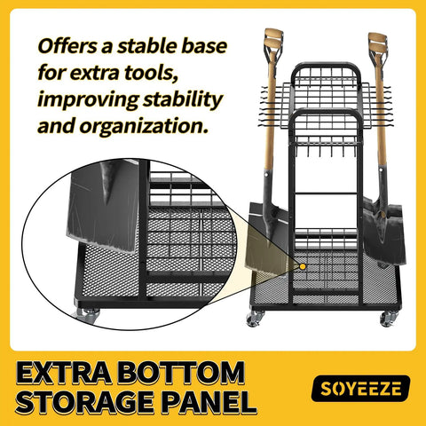 Garden Tool Organizer With Lockable Wheels, Heavy Duty 3 Tier Yard Tower Rack For Garage, Holds Up To 35 Long Handled Tools
