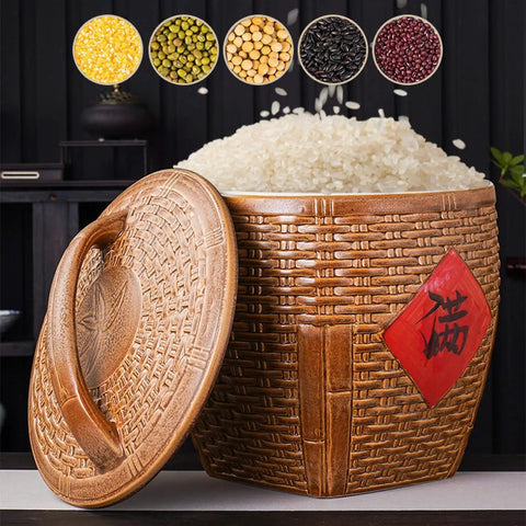 Top Shelf Ceramic Rice Storage Jar With Airtight Lid Chinese Design grain dispenser with rice and beans displayed on counter.