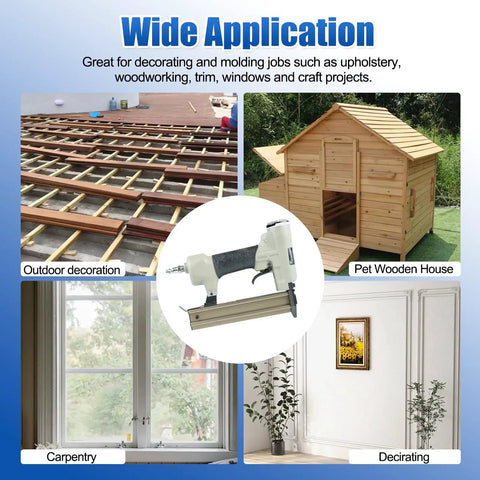 Heavy Duty Pneumatic Brad Nailer With Eighteen Gauge Nails for various carpentry and decor projects shown in collage