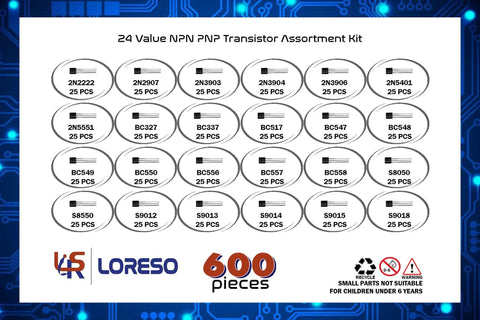 Transistor Assortment Kit Box With 600 Pieces And 24 Value NPN PNP Transistors Including 2N2222 for DIY Electronics Projects