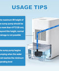 Diagram showing usage tips for Smart Tiny But Mighty Mini Sump Pump With Water Sensor And Float Switch in a dehumidifier setup.