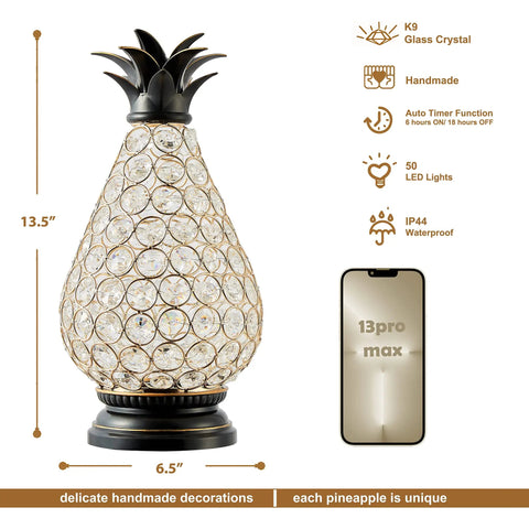 Extra Large Crystal Pineapple Lantern Lamp With IP44 Waterproof, 13 Inch Decor Vibe, K9 crystal, 6h timer, black base.