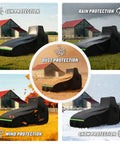 Heavy Duty Universal Tractor Cover Waterproof 600D Oxford Cloth With Air Vent And Reflective Strips Front Loader Backhoe Compatible Built To Last All Weather UV Protection 189 L X 76 W X 86 H Inches showing protection against sun, rain, dust, wind, and snow.