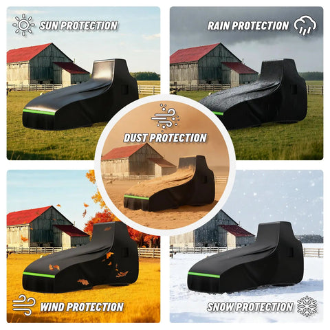 Heavy Duty Universal Tractor Cover Waterproof 600D Oxford Cloth With Air Vent And Reflective Strips Front Loader Backhoe Compatible Built To Last All Weather UV Protection 189 L X 76 W X 86 H Inches showing protection against sun, rain, dust, wind, and snow.