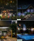 Outdoor Solar Firework Lights 120 LED 2 Pack Waterproof Garden Decor Multicolor Colorful Pathway And Flowerbed Lighting For Your Yard Parties Christmas And Holiday Decor on display at night in various settings including garden and backyard.