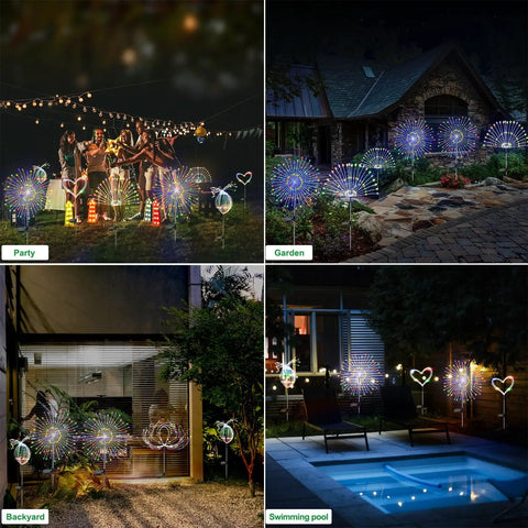 Outdoor Solar Firework Lights 120 LED 2 Pack Waterproof Garden Decor Multicolor Colorful Pathway And Flowerbed Lighting For Your Yard Parties Christmas And Holiday Decor on display at night in various settings including garden and backyard.