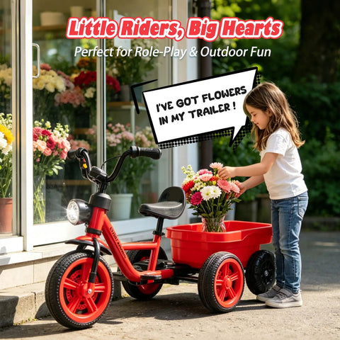 12V Kids Ride On Electric Tricycle With Stable Triangular Frame And Low Center Of Gravity, Adjustable Seat, Wide EVA Wheels, LED Headlight, Removable Storage Basket, Safe Easy Grip Pedals For Young Riders, red with flowers