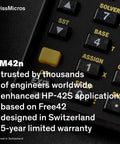 DM42n RPN Scientific Calculator With Hella Sharp 34 Digit Math Power And Sweet HP 42S Emulator Software Sealed Inside A Badass 316L Stainless Steel Casing For Snappy Reverse Polish Entries And Fast Matrix Solving All Day Long, featuring black and yellow buttons.