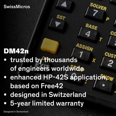 DM42n RPN Scientific Calculator With Hella Sharp 34 Digit Math Power And Sweet HP 42S Emulator Software Sealed Inside A Badass 316L Stainless Steel Casing For Snappy Reverse Polish Entries And Fast Matrix Solving All Day Long, featuring black and yellow buttons.
