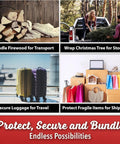 2 Pack Heavy Duty Mini Hand Stretch Wrap 5 Inch 1000 Ft Roll 80 Gauge Thick Clear Plastic Film for Moving Supplies used for wrapping and securing various items like firewood, trees, luggage, and fragile goods.