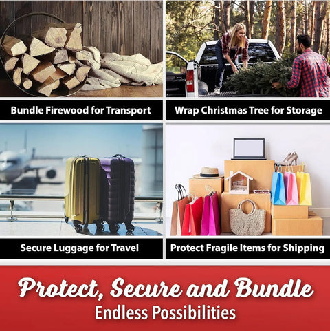 2 Pack Heavy Duty Mini Hand Stretch Wrap 5 Inch 1000 Ft Roll 80 Gauge Thick Clear Plastic Film for Moving Supplies used for wrapping and securing various items like firewood, trees, luggage, and fragile goods.