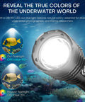 Rechargeable Underwater Dive Light 2000 Lumens IP68 Flashlight CRI 90+ for night dives shown with coral reef background