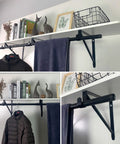 Rock Solid Heavy Duty Metal Closet Rod And Shelf Support Brackets For Clothes Hanger Poles Black Wall Mount Storage Kit 3 Pack displayed with coat, shelf, and decor.