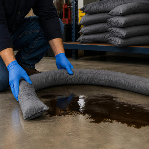 Heavy Duty Universal Absorbent Socks 12 Plus Pack Spill Containment Tubes Industrial Grade Oil Hydraulic Chemical Absorbers Pro Shop Garage Worksite Cleanup Gray being placed around spill.