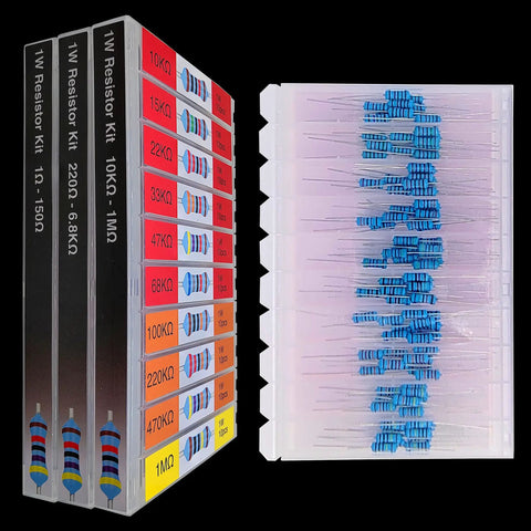 Ace One Watt Metal Film Resistor Assortment Kit Packing Three Hundred Pieces Across Thirty Values From One Ohm To One Megohm In Individual Compartments showing color-coded resistors.