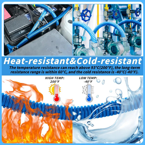 Blue Split Wire Loom Tubing Half Inch 250 Ft Auto Marine Wire Protector demonstrating heat and cold resistance in various environments.