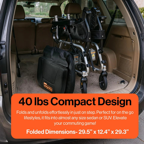 SuperHandy GoRide electric wheelchair, black foldable frame stored in SUV cargo area.