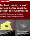 Scratch And Rock Chip Repair Kit For Cars With Paintable Finish Permanent Non Shrinking Repair In Under An Hour, before and after application results with masking tape.