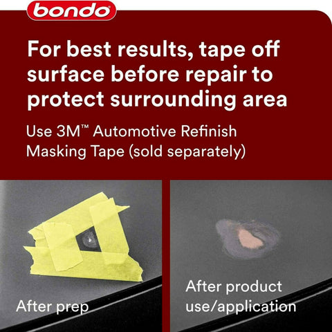 Scratch And Rock Chip Repair Kit For Cars With Paintable Finish Permanent Non Shrinking Repair In Under An Hour, before and after application results with masking tape.
