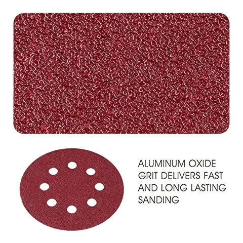 50 Pcs 5 Inch 125mm Wet Dry Sanding Discs With Eight Holes for Wood Metal Polishing showing aluminum oxide grit for sanding.
