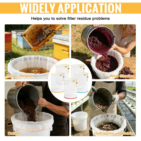 5 Pack All Mesh Filter Bags For 5 Gallon Buckets With 25 73 120 160 220 Micron Nylon Strainers for honey, wine, and veggies
