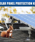 Solar Panel Bird Mesh Guard 6 Inch By 50 Foot Black PVC Coated Steel Netting installed near a solar panel with squirrel visible.