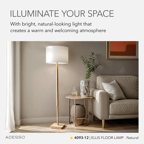 Ellis 21 Inch Table Lamp With Natural Rubber Wood And White Fabric Shade next to a couch in a living room setting.