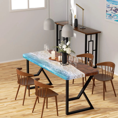 Dining table with K Shaped 2 Tier Metal Table Legs Heavy Duty Desk Leg Set In Black, set for dinner with flowers and candles.