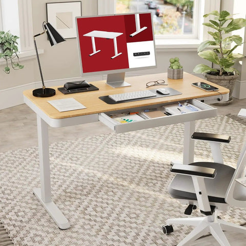 Electric Height Adjustable Standing Desk With Built In Drawer Smooth Motor Lift And Generous Workstation Surface For Home Office Ergonomic Sit Stand Table To Kick Up Your Remote Hustle with maple top and modern chair.