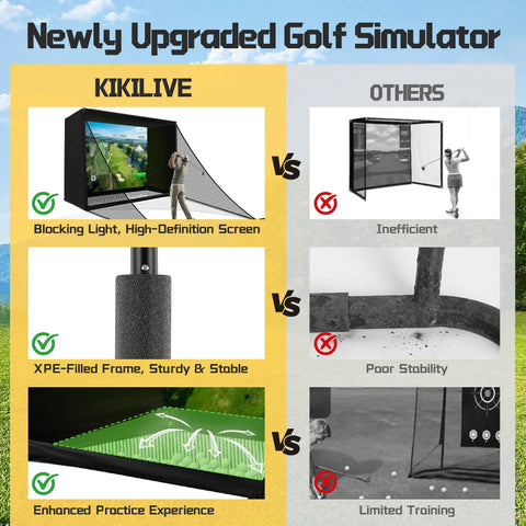 Indoor Golf Simulator Enclosure Net Kit 10x8ft With HD Impact Screen comparison chart vs other brands.