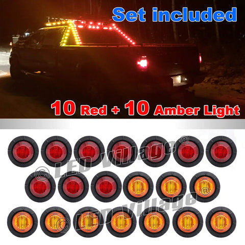 20 Pack Three Quarter Inch Amber And Red LED Marker Lights Mini Round Bullet Signal And Clearance Lamps With Grommet 12V shown