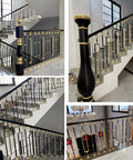Premium Heavy Duty Aluminum Baluster Spindle Railing Kit With Slick Square Metal Posts And No Sweat Flat Brackets For Deck Stairs and complete outdoor railing set in stylish black and gold design.