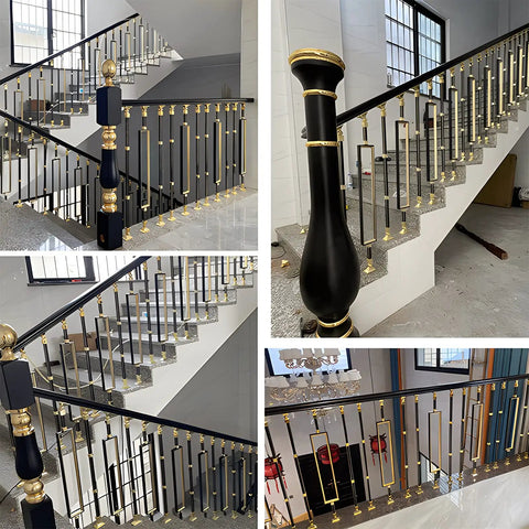 Premium Heavy Duty Aluminum Baluster Spindle Railing Kit With Slick Square Metal Posts And No Sweat Flat Brackets For Deck Stairs and complete outdoor railing set in stylish black and gold design.