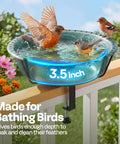 Weatherproof Deck Mounted Bird Bath And Feeder With Easy Clamp On For Railings Fences Or Balconies 1.45 Gallons Durable ABS Construction In Green For Year Round Outdoor Use with birds bathing in a 3.5-inch deep basin.