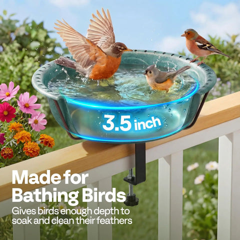 Weatherproof Deck Mounted Bird Bath And Feeder With Easy Clamp On For Railings Fences Or Balconies 1.45 Gallons Durable ABS Construction In Green For Year Round Outdoor Use with birds bathing in a 3.5-inch deep basin.